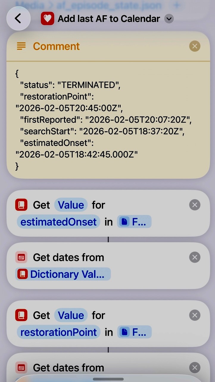 Apple Shortcuts automation — Add last AF to Calendar, extracting estimatedOnset and restorationPoint from JSON