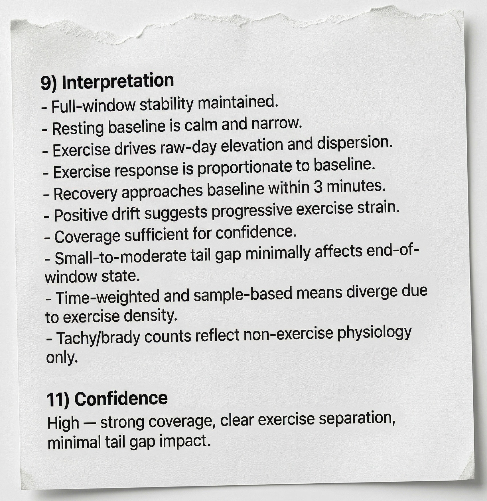 Trendwell daily report excerpt — interpretation and confidence sections showing full-window stability and proportionate exercise response