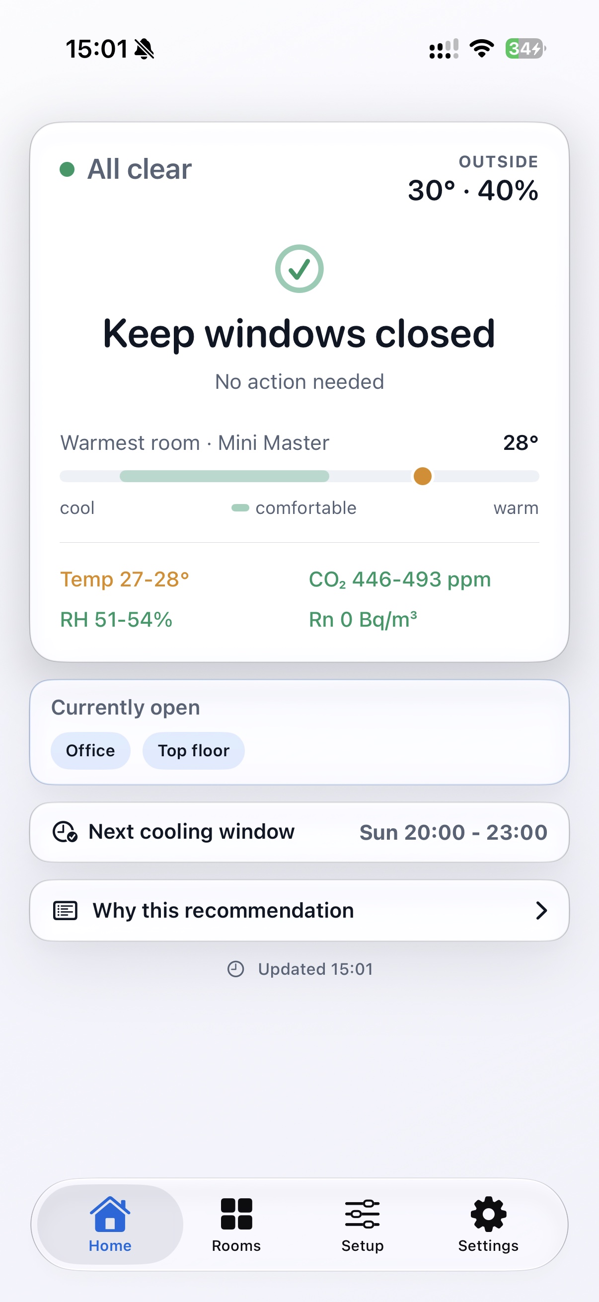 Home Air Intelligence shows that the home is clear and recommends keeping windows closed