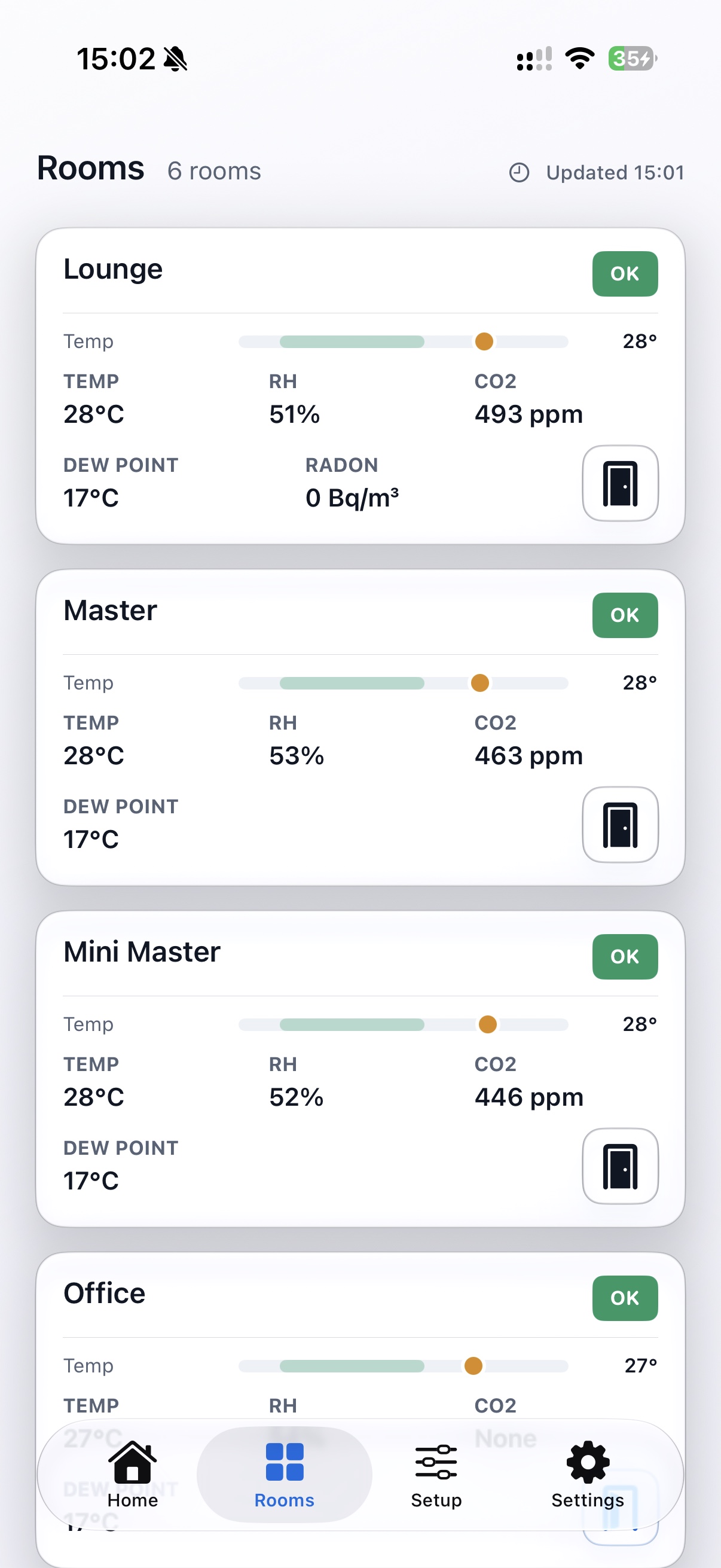 Home Air Intelligence rooms view showing temperature, humidity, CO2 and radon for each room