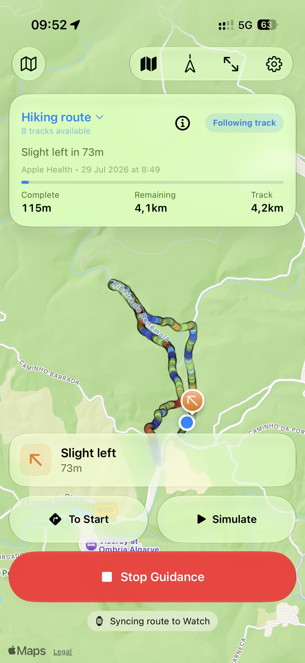 GPX Track Navigator route overview with progress and next turn