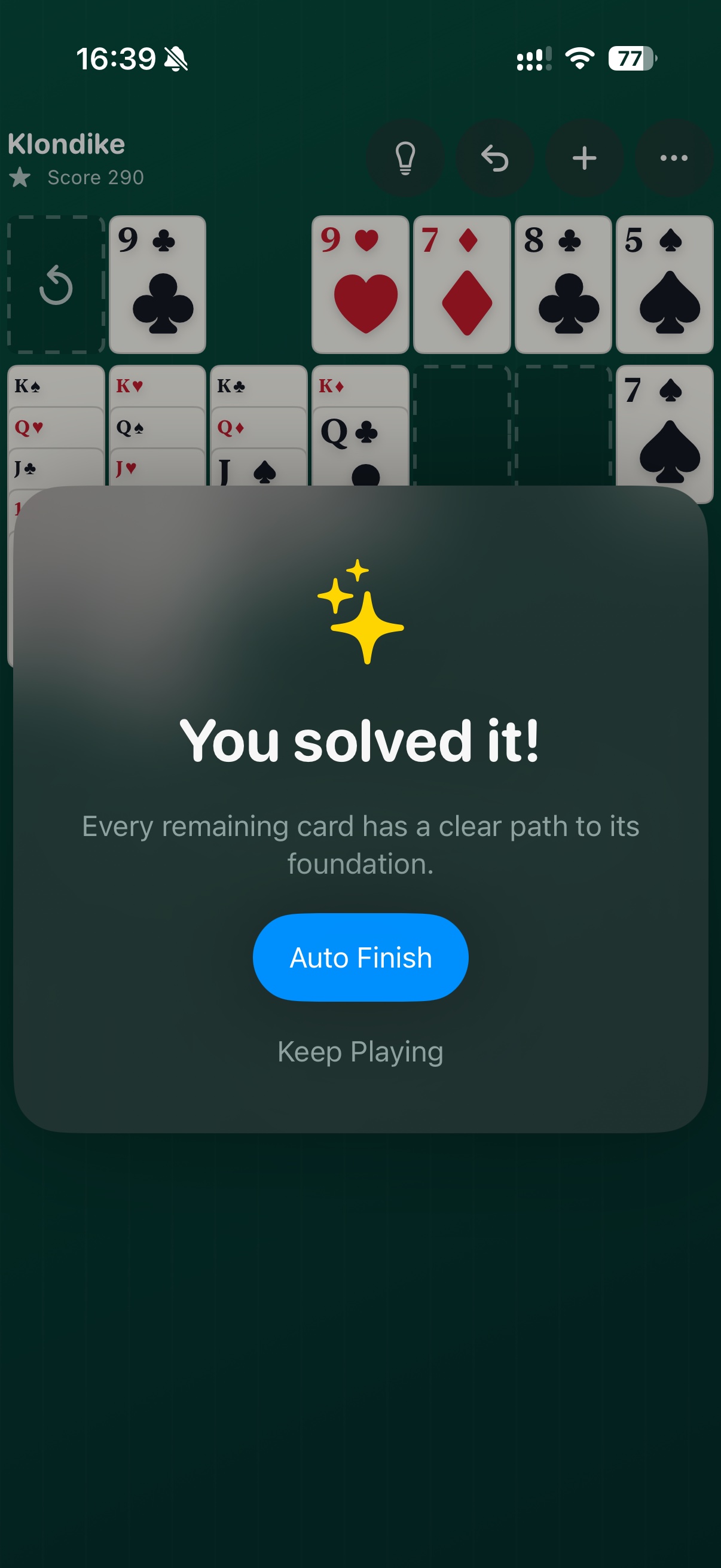 Winnable Klondike Solitaire shows a solved deal with the You solved it message