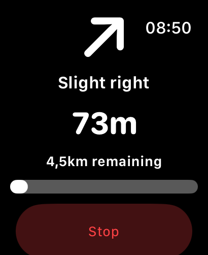 GPX Track Guide Apple Watch screen showing a slight-right turn with distance remaining