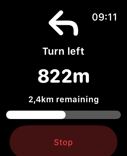 GPX Track Guide Apple Watch screen showing a turn-left instruction with distance remaining