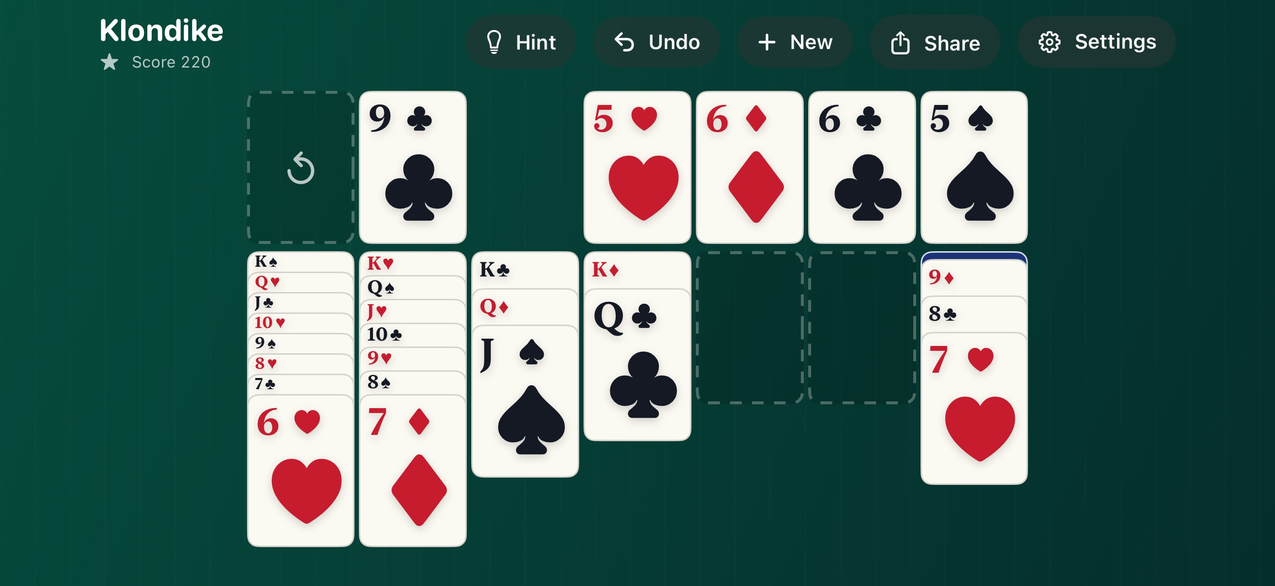 Winnable Klondike Solitaire classic gameplay in a wide layout
